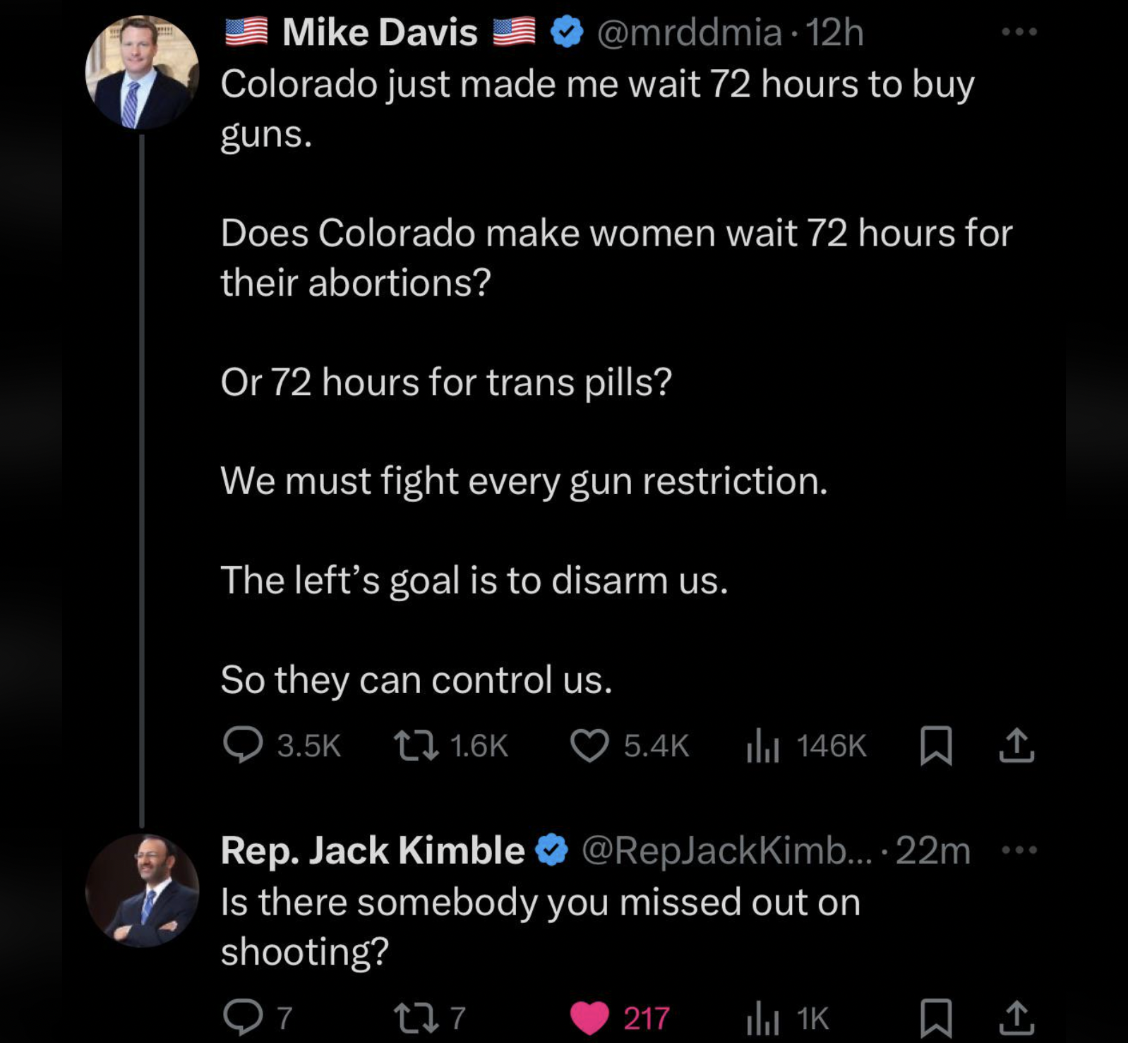 screenshot - Mike Davis 12h Colorado just made me wait 72 hours to buy guns. Does Colorado make women wait 72 hours for their abortions? Or 72 hours for trans pills? We must fight every gun restriction. The left's goal is to disarm us. So they can control